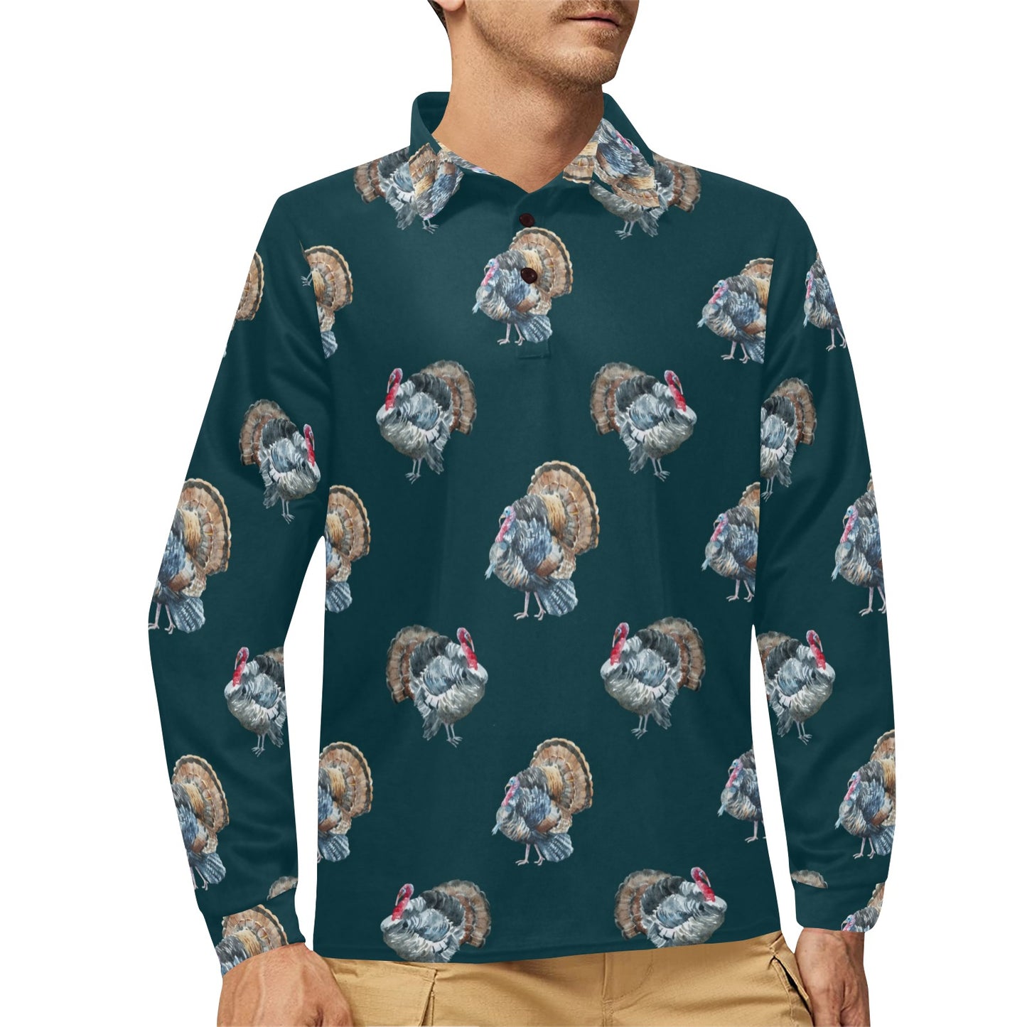 Turkey Pattern Print Design 03 Long Sleeve Polo Shirt For Men's