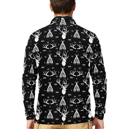 Deer Native Indian Print Pattern Long Sleeve Polo Shirt For Men's