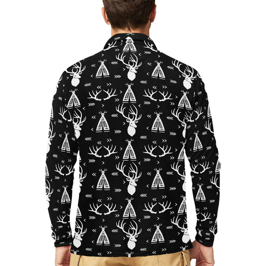 Deer Native Indian Print Pattern Long Sleeve Polo Shirt For Men's