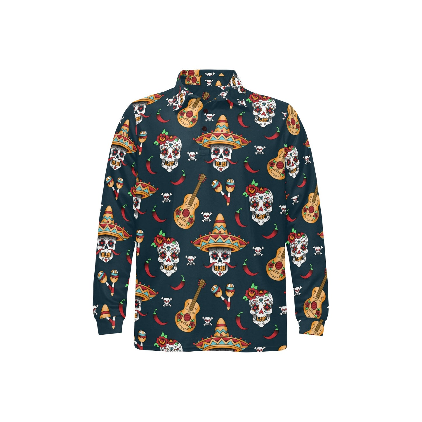 sugar skull Mexican Long Sleeve Polo Shirt For Men's