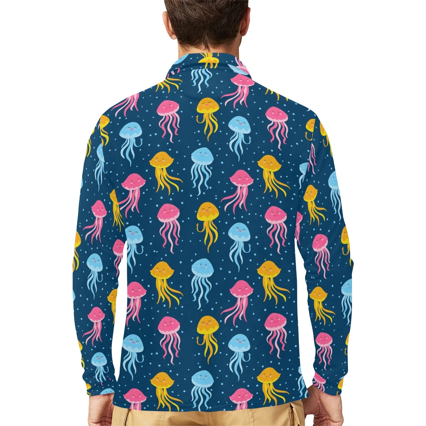 Jellyfish Pattern Print Design 04 Long Sleeve Polo Shirt For Men's