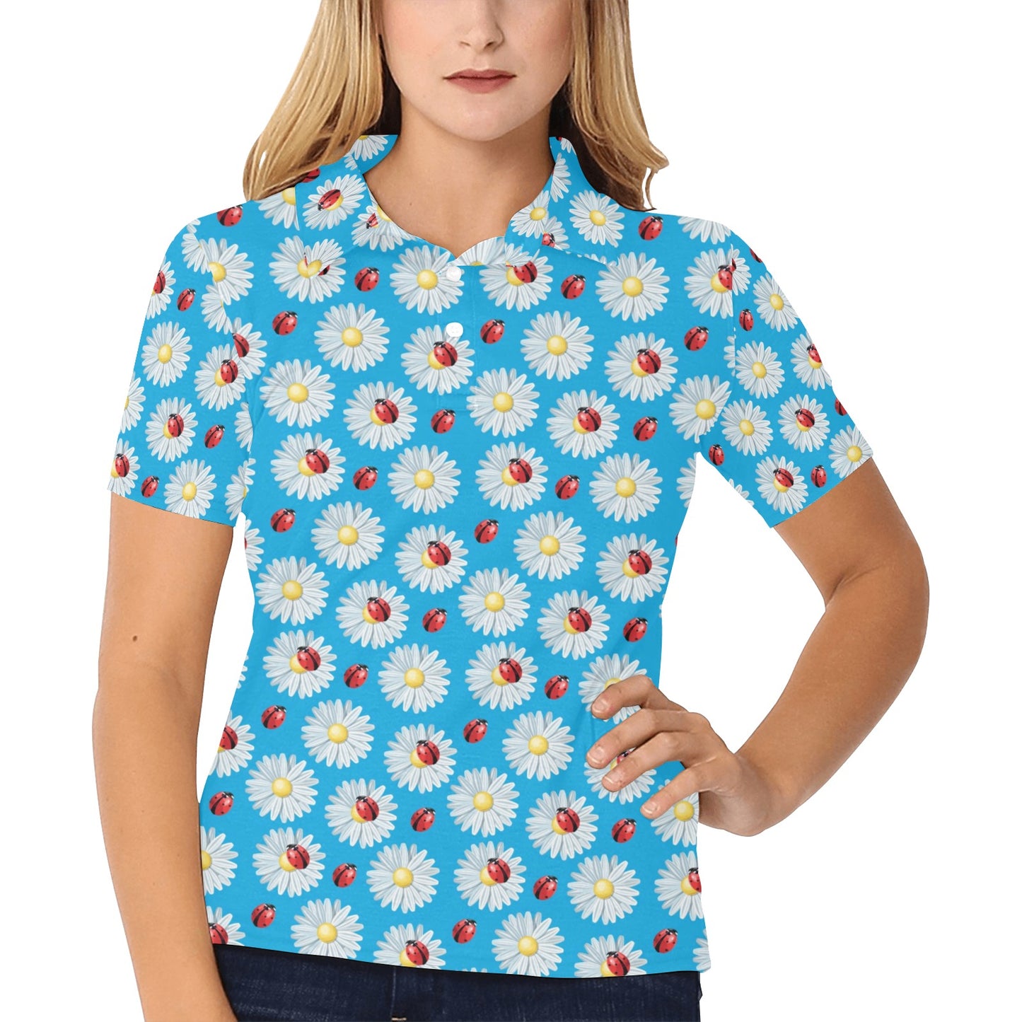 Ladybug with Daisy Themed Print Pattern Women's Polo Shirt