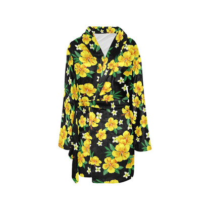 Yellow Hibiscus Pattern Print Design HB08 Women's Fleece Robe