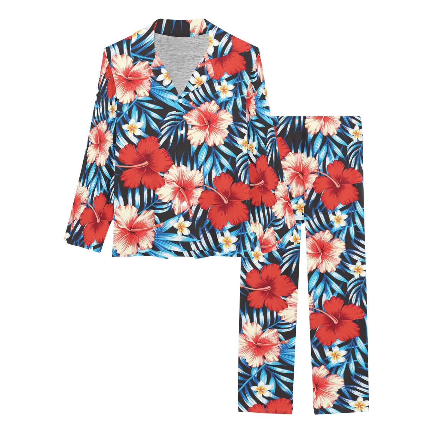 Red Hibiscus Blue Scene Women's Long Pajama Set