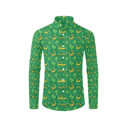 Shamrock With Horse Shoes Print Design LKS305 Men's Long Sleeve Dress Shirt