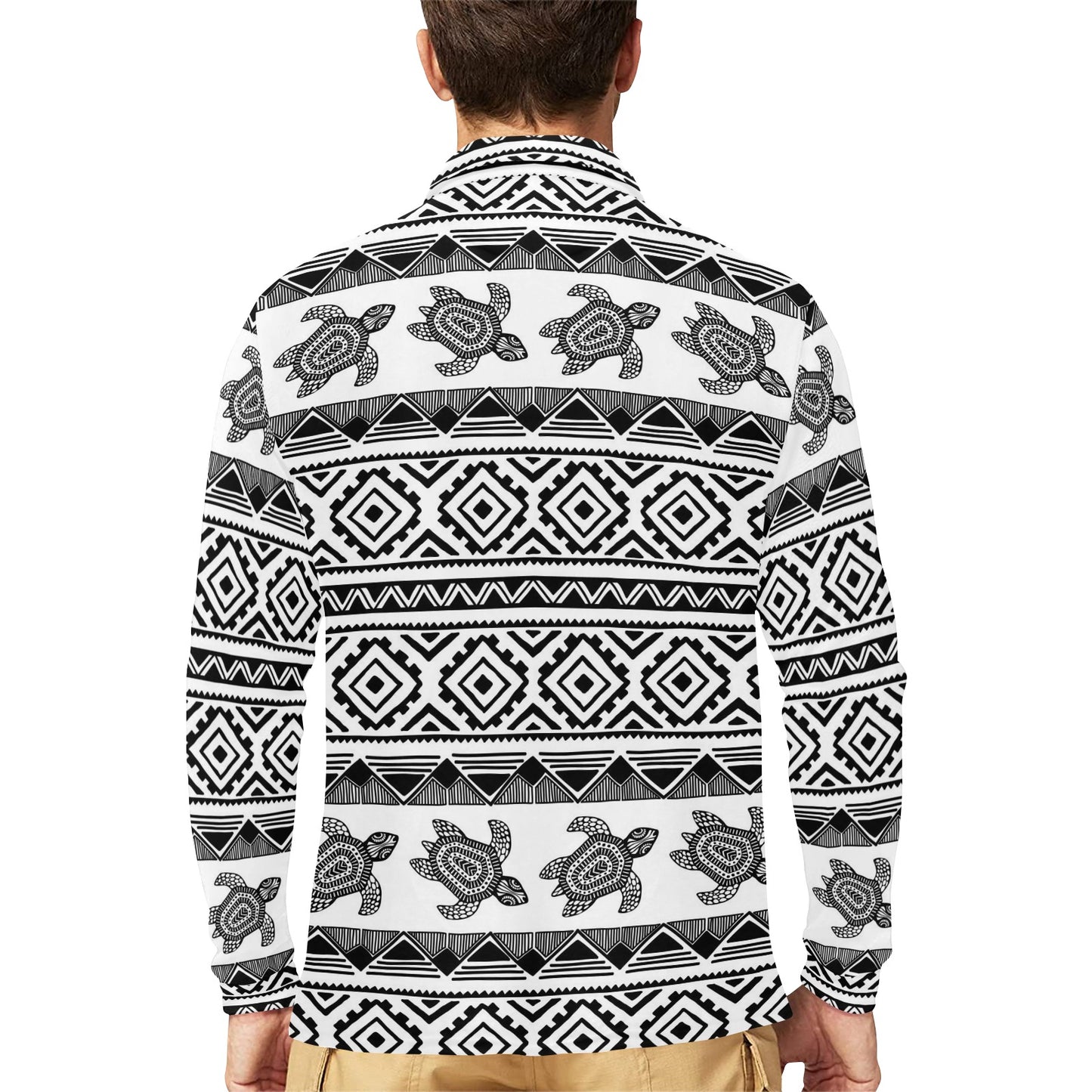 Sea Turtle Tribal Aztec Long Sleeve Polo Shirt For Men's