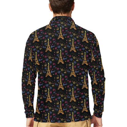 Eiffel Tower Love Paris Print Long Sleeve Polo Shirt For Men's