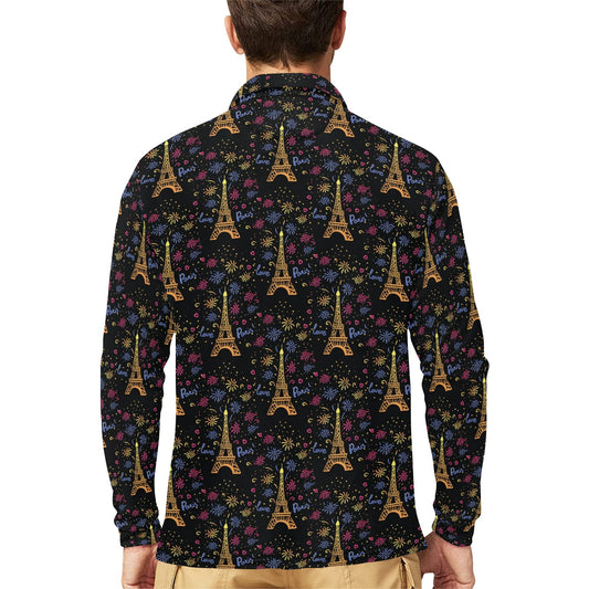 Eiffel Tower Love Paris Print Long Sleeve Polo Shirt For Men's