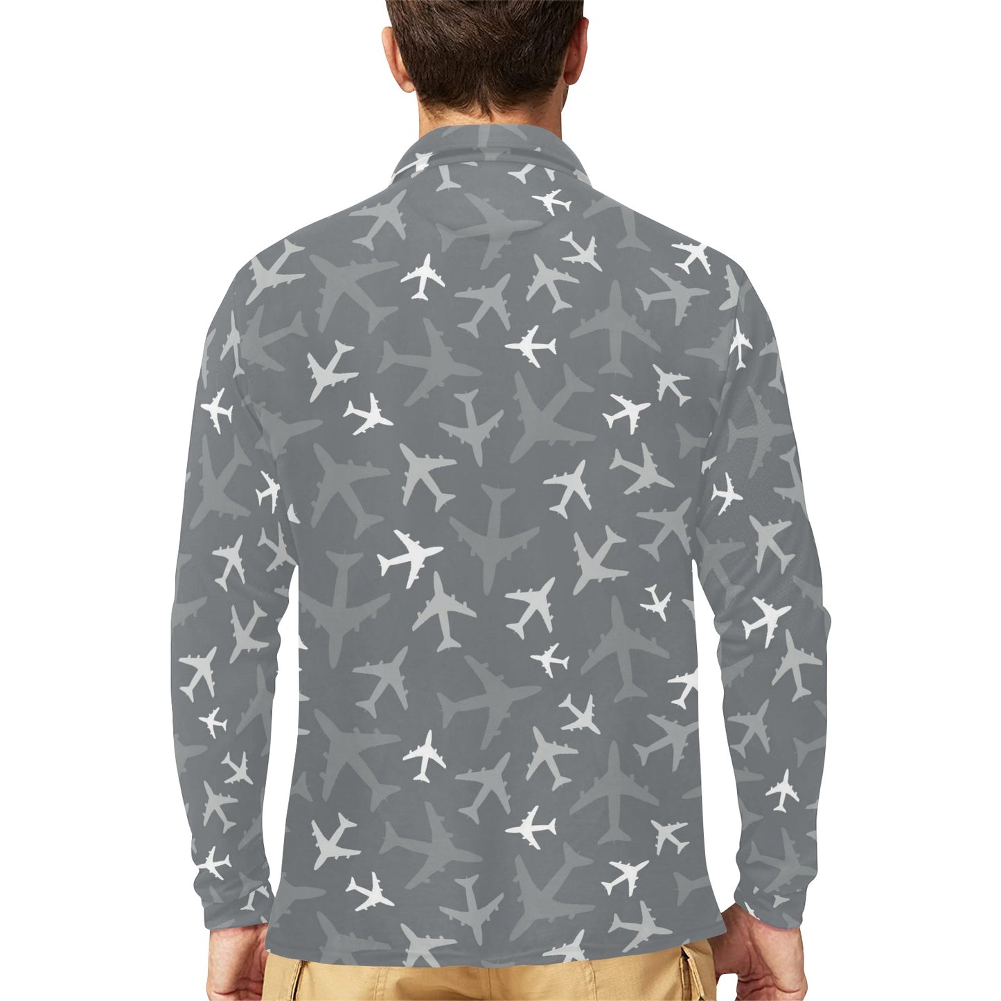 Airplane Pattern Print Design 02 Long Sleeve Polo Shirt For Men's