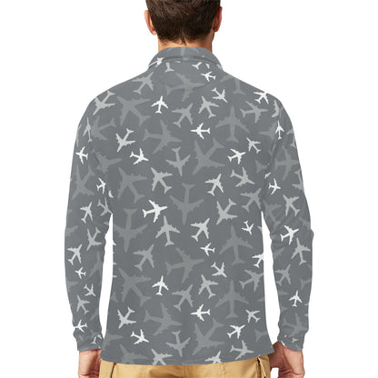 Airplane Pattern Print Design 02 Long Sleeve Polo Shirt For Men's