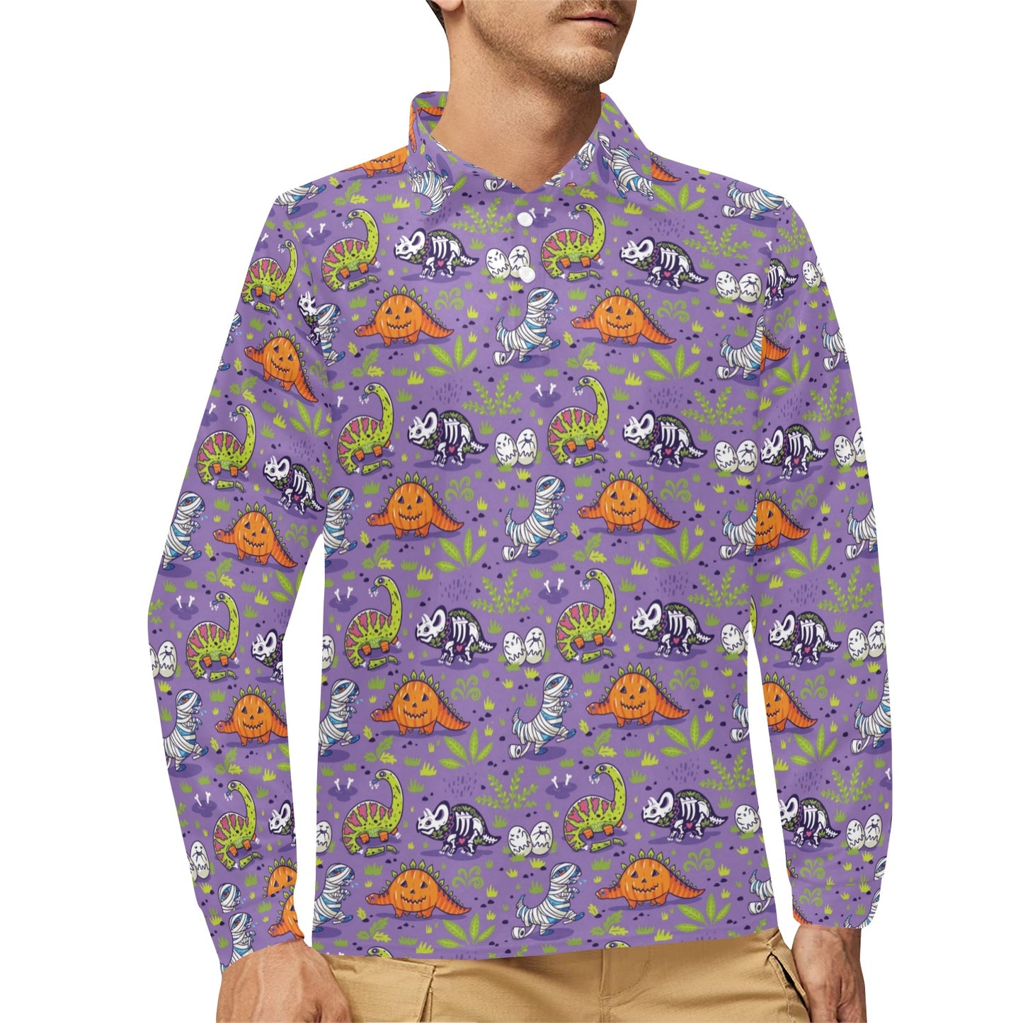 Zombie Dinosaur Print Design LKS302 Long Sleeve Polo Shirt For Men's