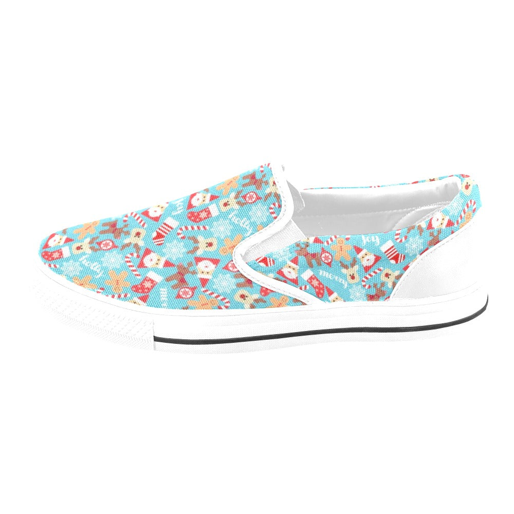 Santa Christmas Themed Print Design LKS306 White Slip Ons Canvas Women's Shoes