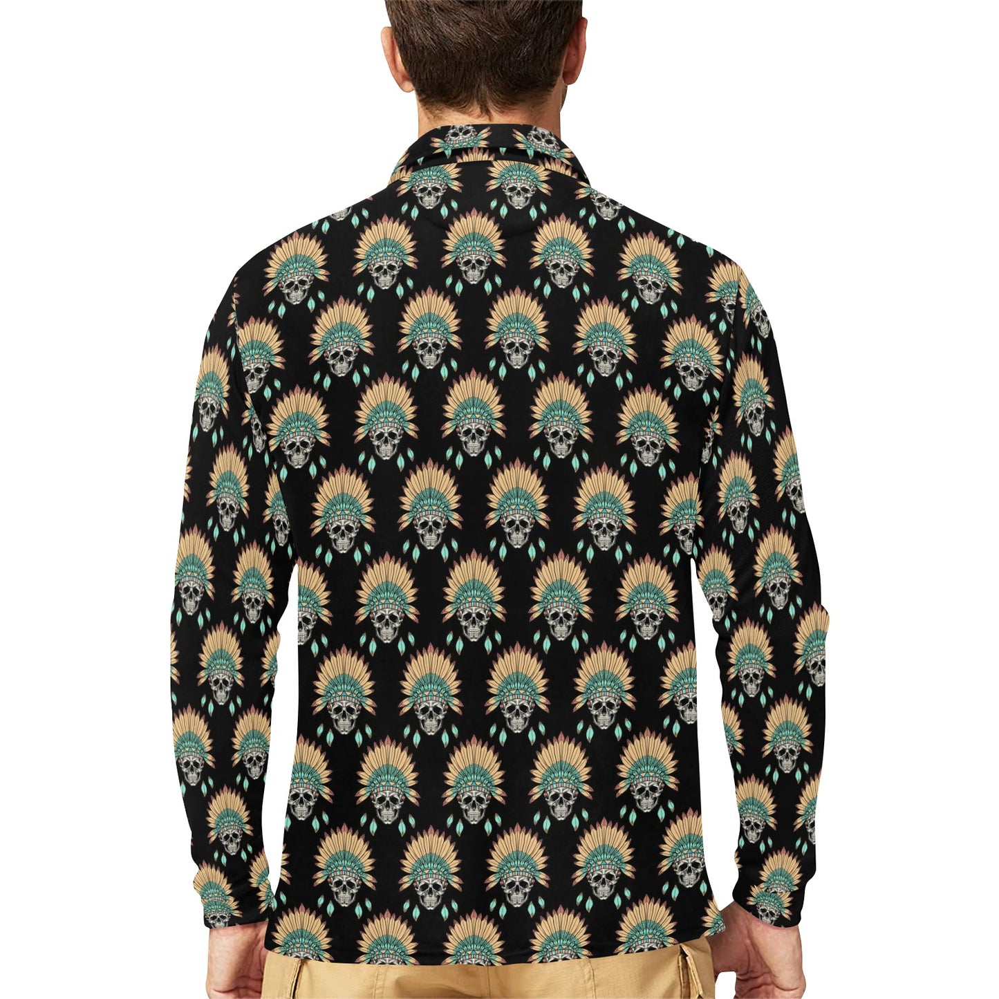 American indian Skull Pattern Long Sleeve Polo Shirt For Men's