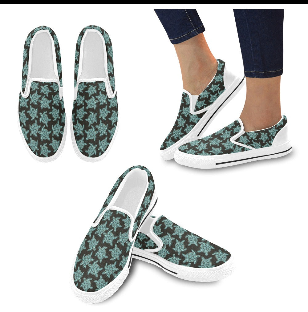 Sea Turtle Print Design LKS302 White Slip Ons Canvas Women's Shoes