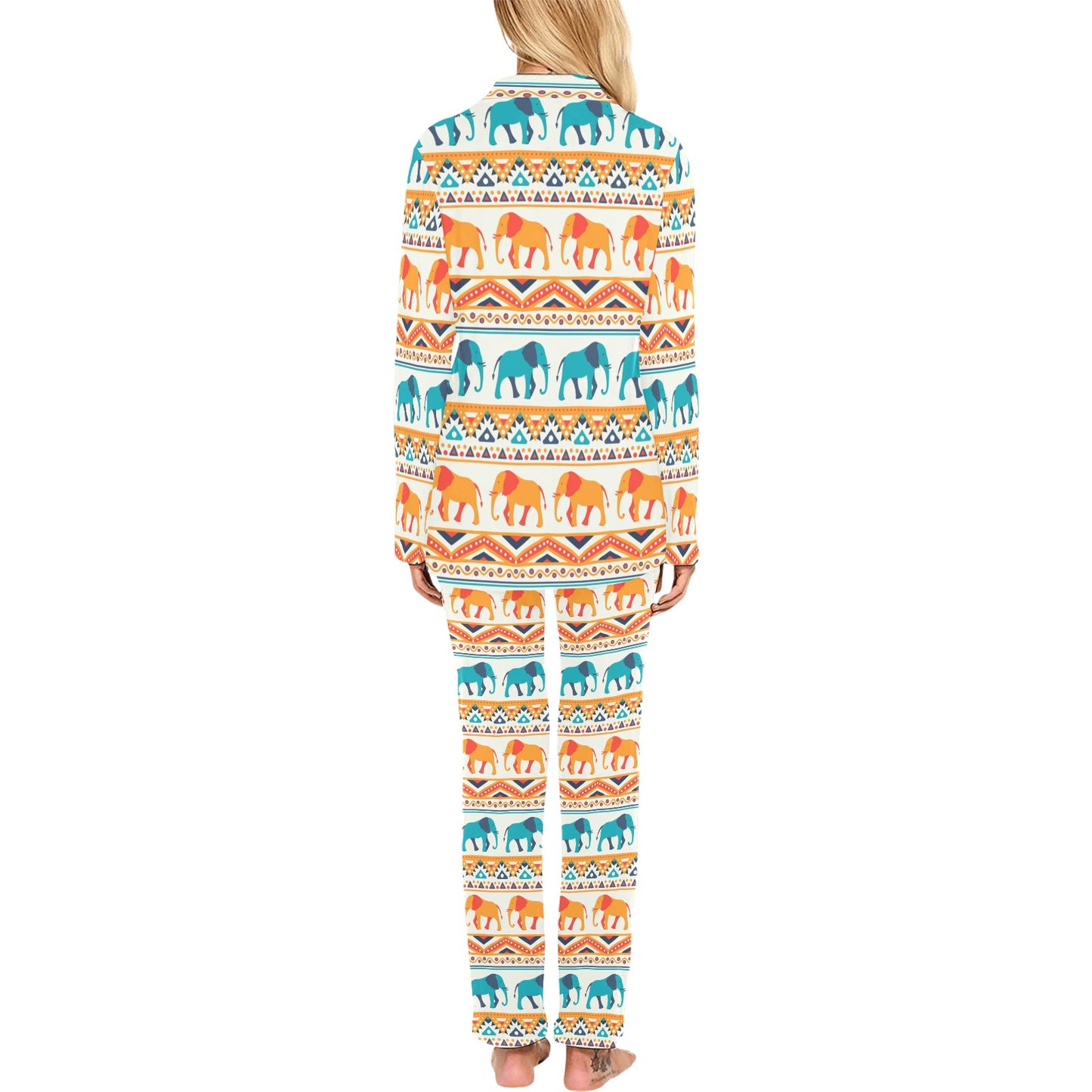 Elephant Aztec Ethnic Print Pattern Women's Long Pajama Set