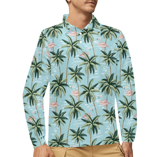 Palm Tree Pattern Print Design PT05 Long Sleeve Polo Shirt For Men's