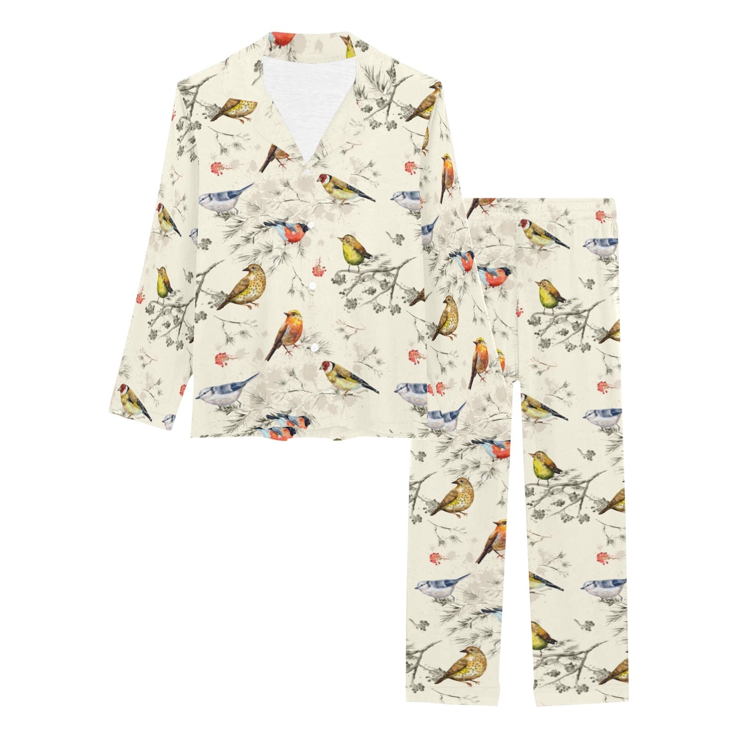Bird Watercolor Design Pattern Women's Long Pajama Set