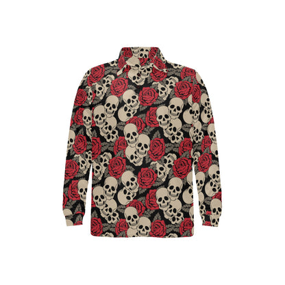 Skull And Roses Print Design LKS301 Long Sleeve Polo Shirt For Men's