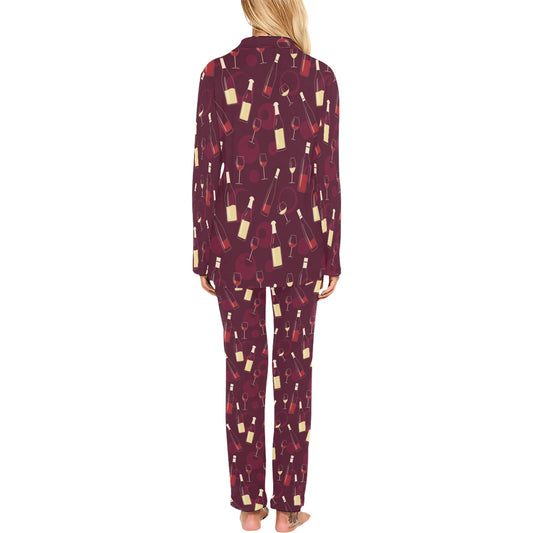 Wine Themed Pattern Print Women's Long Pajama Set