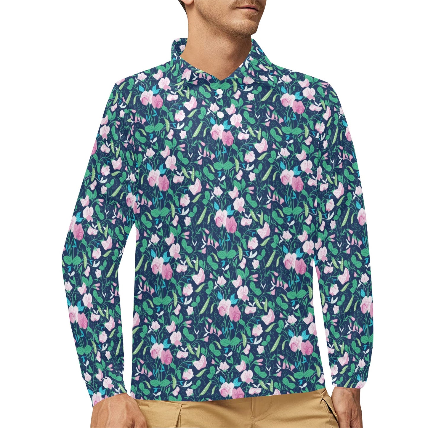 Sweet Pea Print Design LKS303 Long Sleeve Polo Shirt For Men's