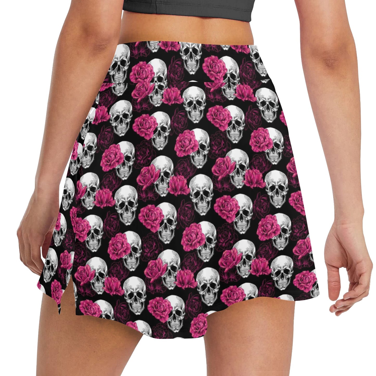 Pink Rose Skull Themed Print 17" Golf & Pickleball Skort with Pockets