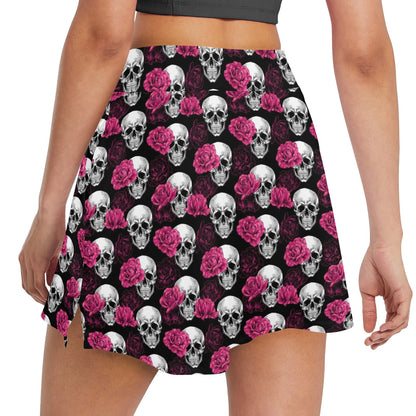 Pink Rose Skull Themed Print 17" Golf & Pickleball Skort with Pockets
