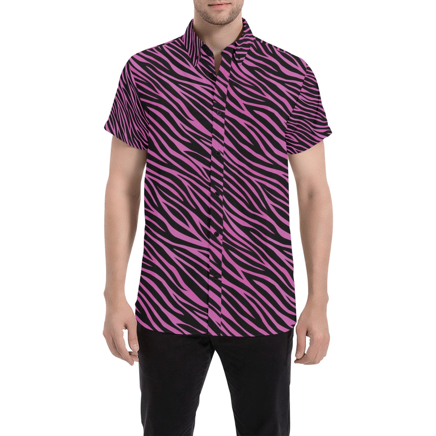 Zebra Pink Print Design LKS304 Men Short Sleeve Button Up Shirt