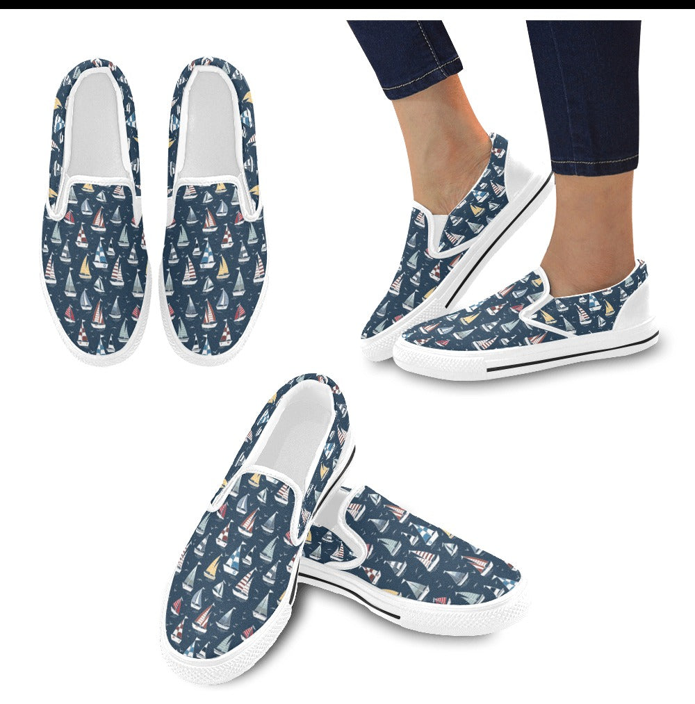 Sailboat Print Design LKS306 White Slip Ons Canvas Women's Shoes
