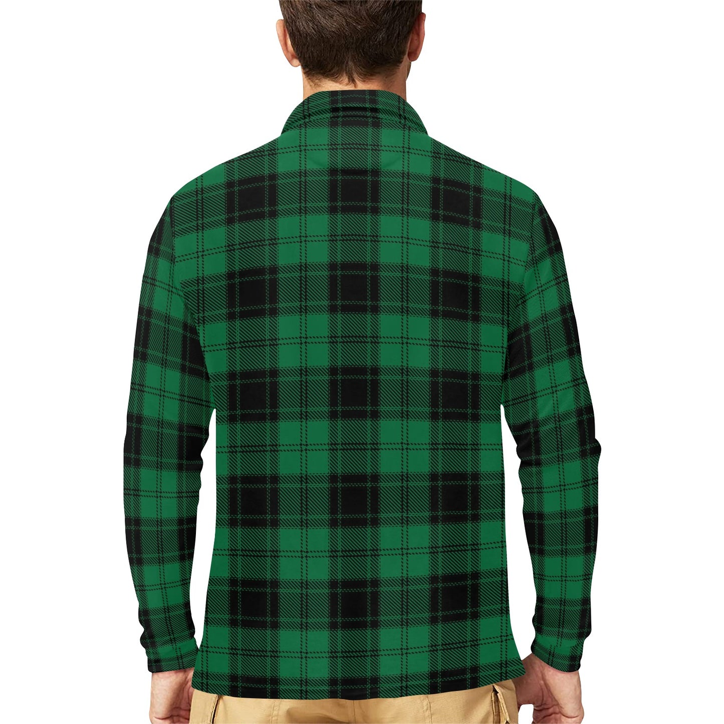 Tartan Green Print Design LKS302 Long Sleeve Polo Shirt For Men's