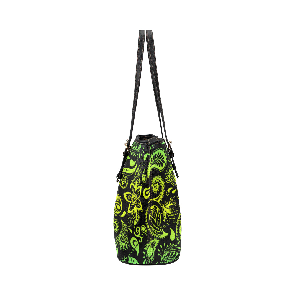 Paisley Green Design Print Leather Tote Bag