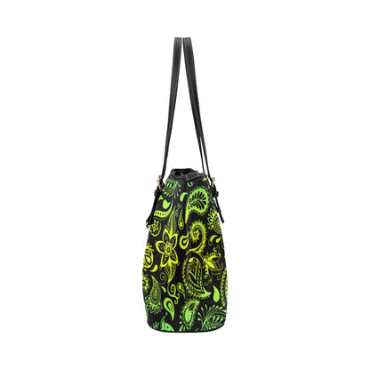 Paisley Green Design Print Leather Tote Bag
