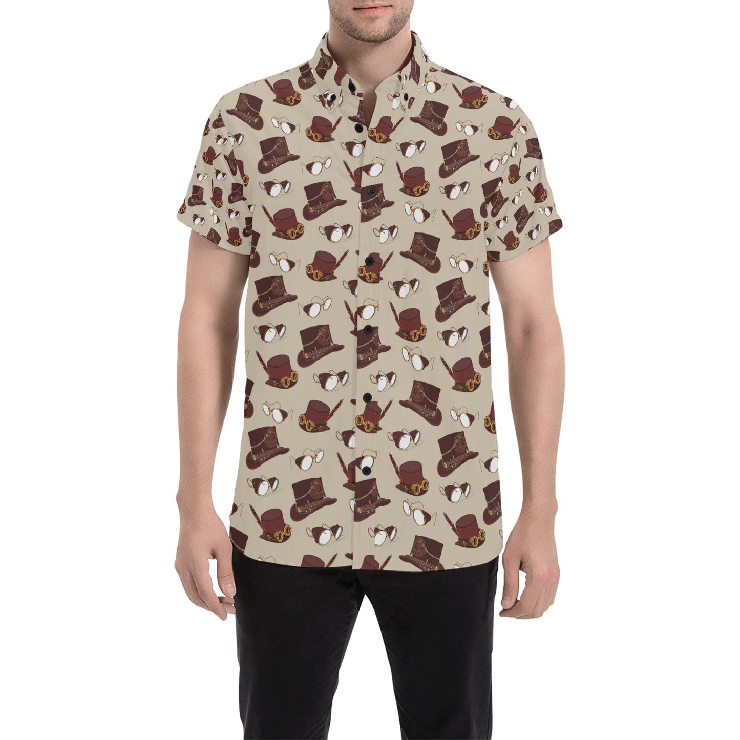 Steampunk Hat Print Design LKS301 Men Short Sleeve Button Up Shirt