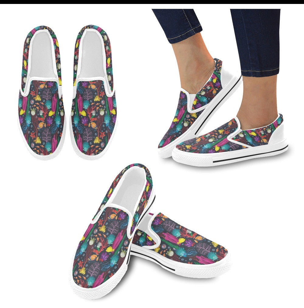 Underwater Cute Print Design LKS303 White Slip Ons Canvas Women's Shoes