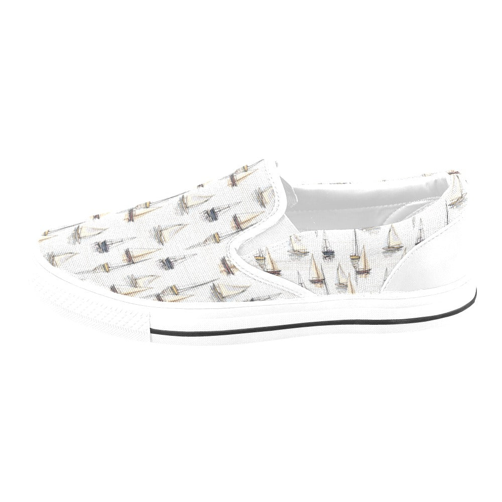Sailboat Paint Pattern Print Design LKS307 White Slip Ons Canvas Women's Shoes
