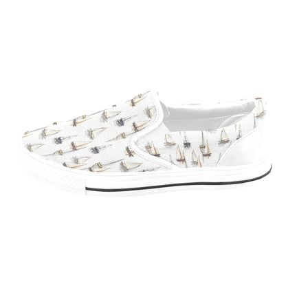 Sailboat Paint Pattern Print Design LKS307 White Slip Ons Canvas Women's Shoes