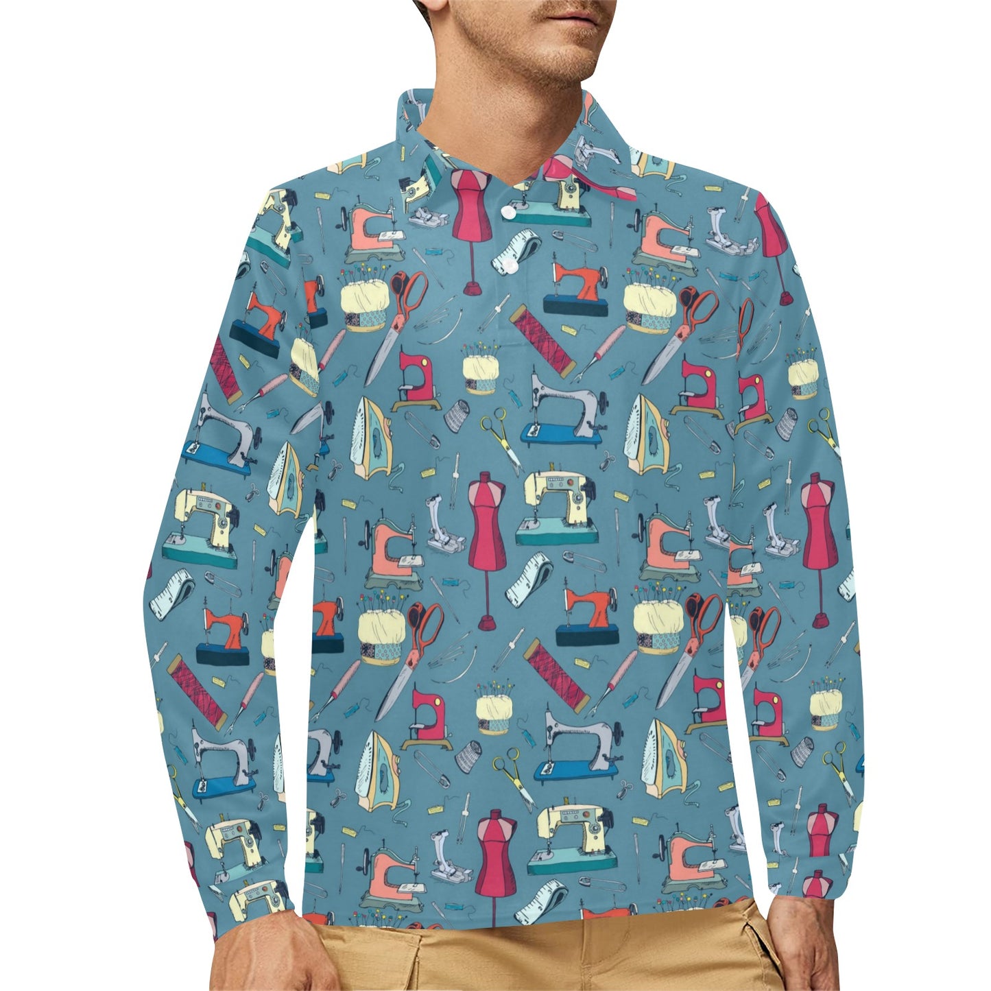 Sewing Equipment Print Design LKS301 Long Sleeve Polo Shirt For Men's