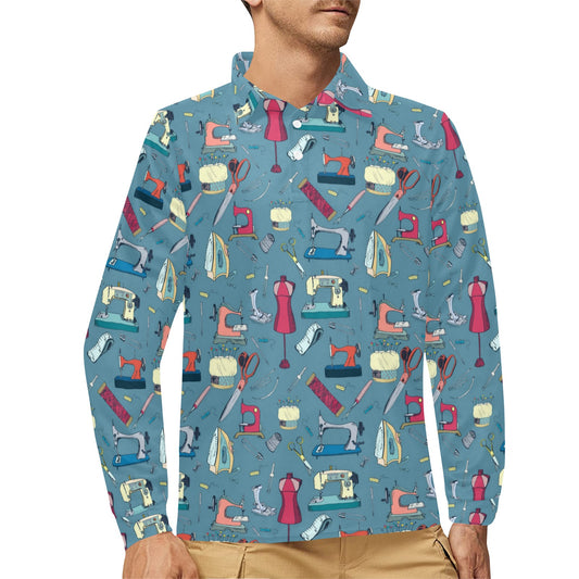Sewing Equipment Print Design LKS301 Long Sleeve Polo Shirt For Men's