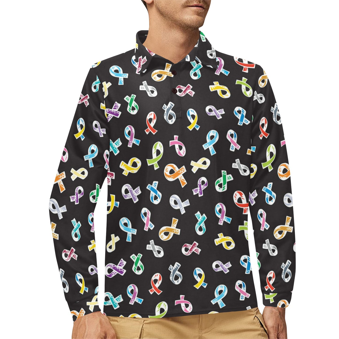 Cancer Awareness Pattern Print Design 02 Long Sleeve Polo Shirt For Men's