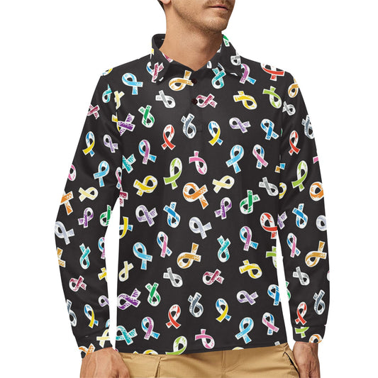 Cancer Awareness Pattern Print Design 02 Long Sleeve Polo Shirt For Men's