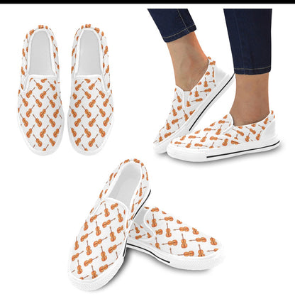 Violin Print Design LKS401 White Slip Ons Canvas Women's Shoes