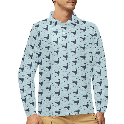 Whale Cute Design Themed Print Long Sleeve Polo Shirt For Men's