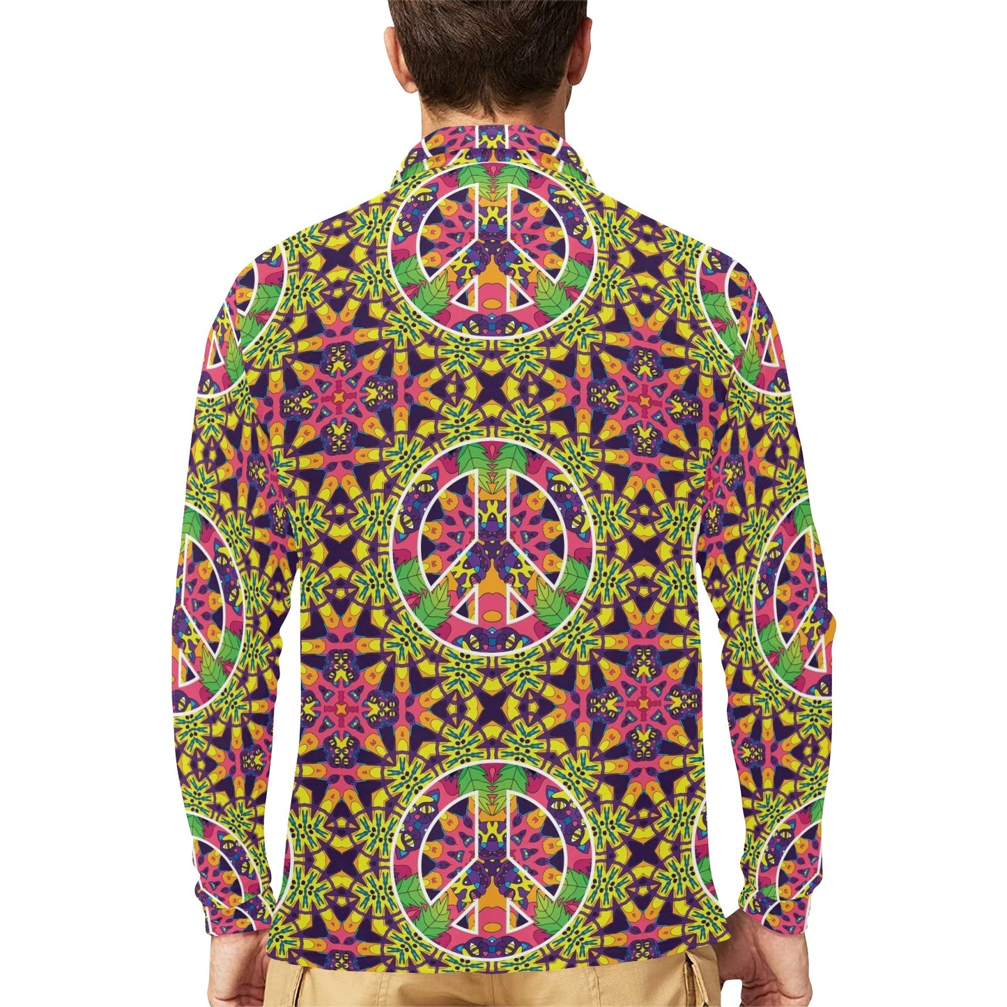 Peace Sign Pattern Print Design A04 Long Sleeve Polo Shirt For Men's