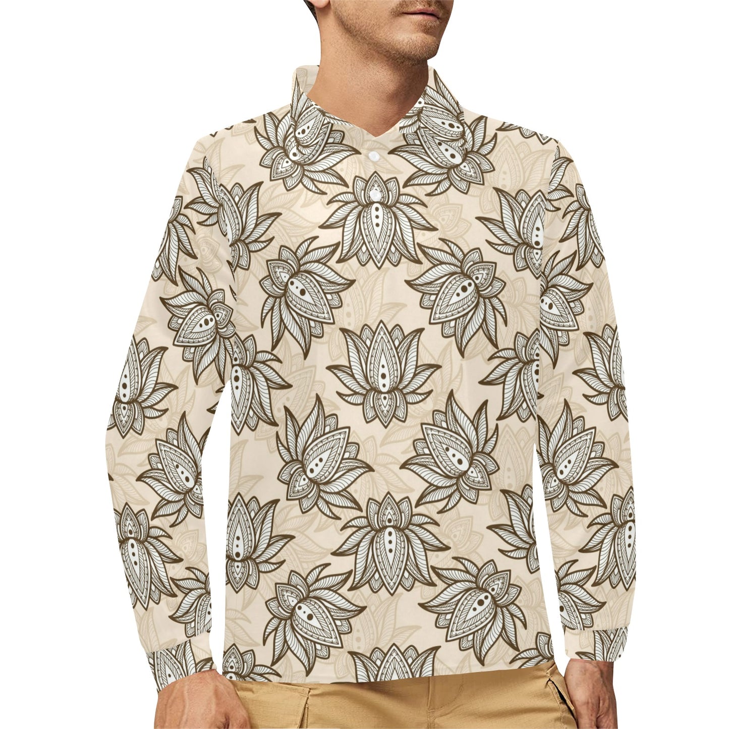lotus Boho Pattern Print Design LO05 Long Sleeve Polo Shirt For Men's