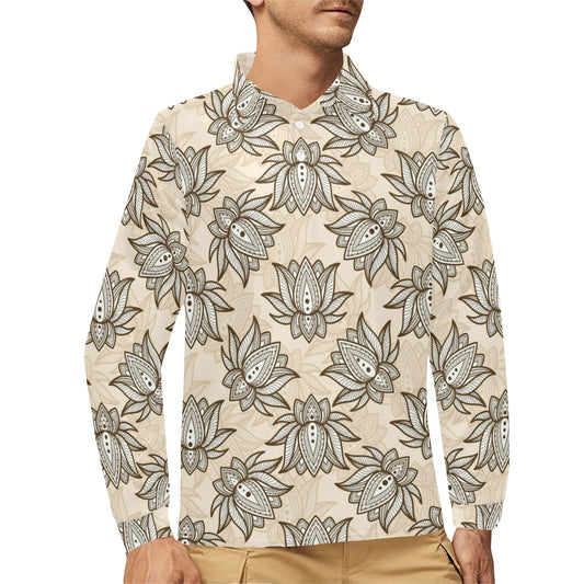 lotus Boho Pattern Print Design LO05 Long Sleeve Polo Shirt For Men's