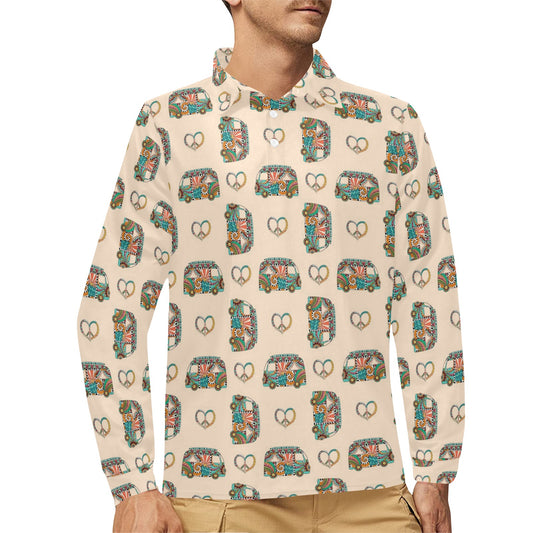 Hippie Van Peace Print Design LKS303 Long Sleeve Polo Shirt For Men's