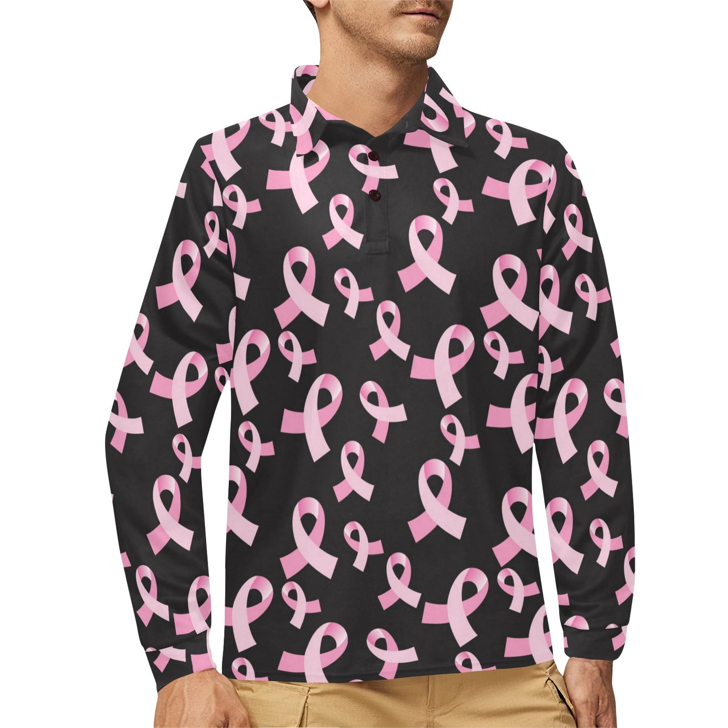 Breast Cancer Awareness Design Long Sleeve Polo Shirt For Men's
