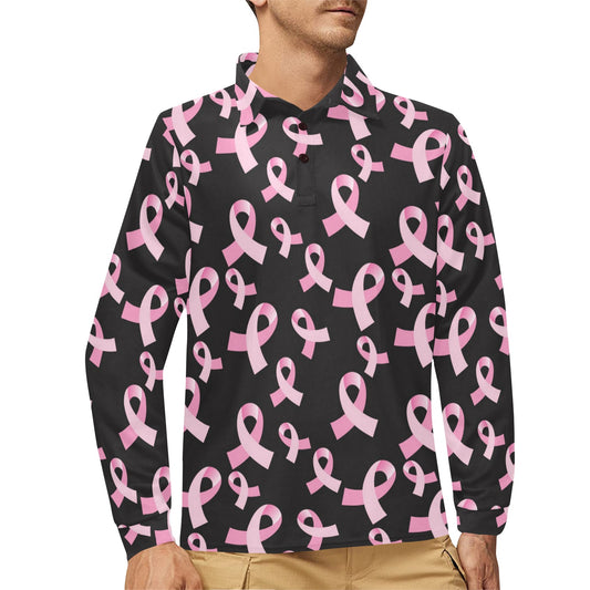 Breast Cancer Awareness Design Long Sleeve Polo Shirt For Men's