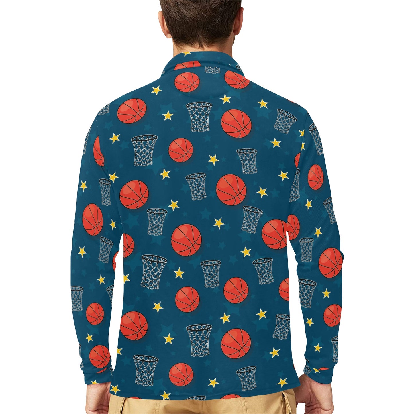 Basketball Classic Print Pattern Long Sleeve Polo Shirt For Men's