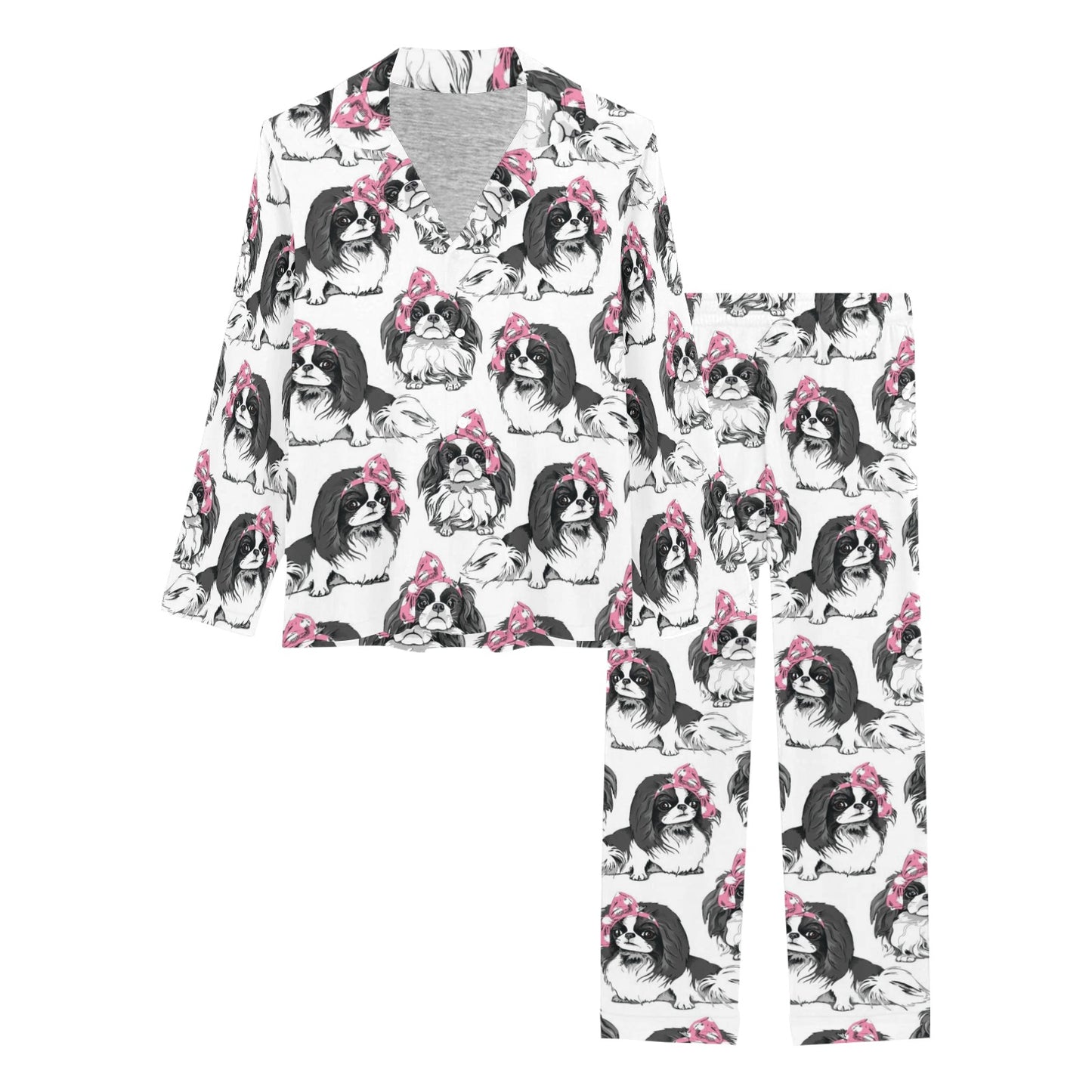 Japanese Chin Pattern Print Design 01 Women's Long Pajama Set