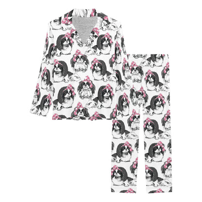 Japanese Chin Pattern Print Design 01 Women's Long Pajama Set